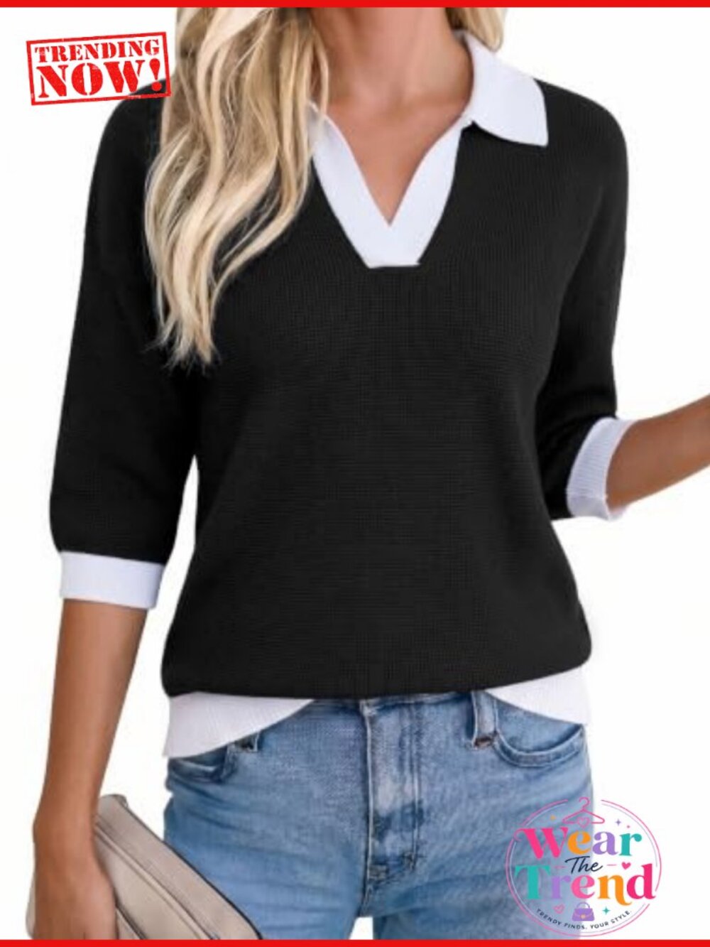 Women's 3/4 Sleeve Knit Polo Sweater Casual Fall Soft Knit Top